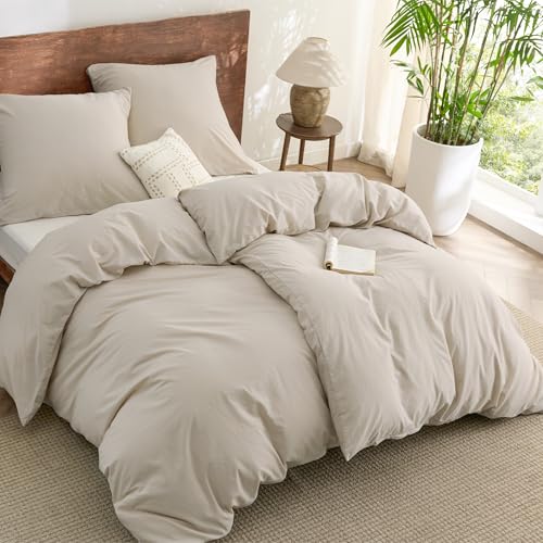 BEDSURE Bettwäsche 135x200 Baumwolle 4teilig - Bettwäsche-Sets Beige Bettbezug 2er Set mit 2 Kissenbezüge 80x80 cm, Ähnliche Textur wie Washed Leinen, Oeko-TEX Bedding mit Reißverschluss
