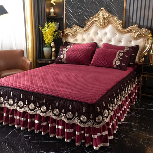 Tolldek Spannbettlaken 180x220cm Hotel, Einfarbig mit Bestickte Spitze Muster Bettlaken mit Gummizug Polyester, Matratzenschutz Bettwäsche Set Bettwäscheset Weinrot für alle Jahreszeiten