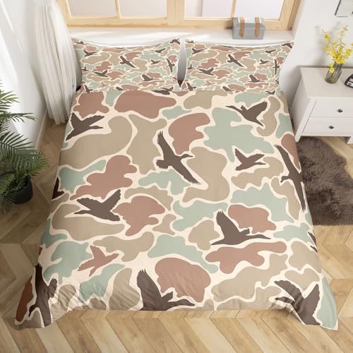 Homemissing Kinder Camouflage Bettwäsche Set 155x220cm Camo Bettbezug mit Reißverschluss für Jungen Mädchen Teens Zimmer Dekor Camo Duck Weich Grün Türkis Braun Wildes Tiers Bettwäsche-Set