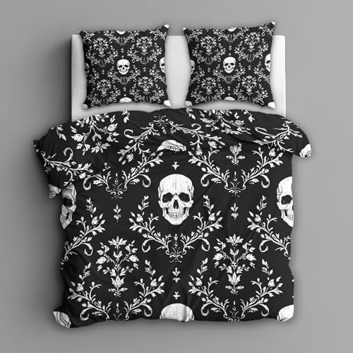 Generisch Bettwäsche 135x200 Gothic Schädel - Schlafzimmer Deko Bettbezug 135 x 200 2tlg Schwarz Weiß Vintage Bluming Muster, 1 Kissenbezug 80x80, mit Reißverschluss, Weich Mikrofaser DO#78