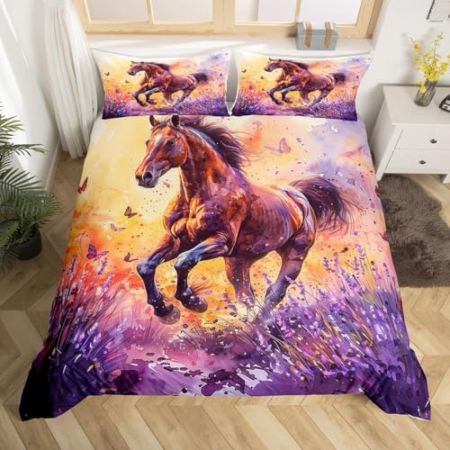 Loussiesd Pferd Bettbezug Set Galoppierendes Pferd Bettwäsche Set 155x220cm für Kinder Jungen Mädchen Lila Lavendel Betten Set Schmetterlinge Schlafzimmer Bettwäsche mit 1 Kissenbezug