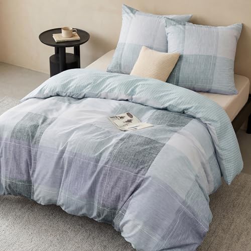 BEDSURE Bettwäsche 220x240 3teilig Bettbezug - Bettwäsche-Sets 240 x 220 cm mit 2 Kissenbezüge 80x80 cm, ÖKO-TEX Wendebettwäsche Bedding Blau Plaid Kariert Muster für Doppelbett mit Reißverschluss