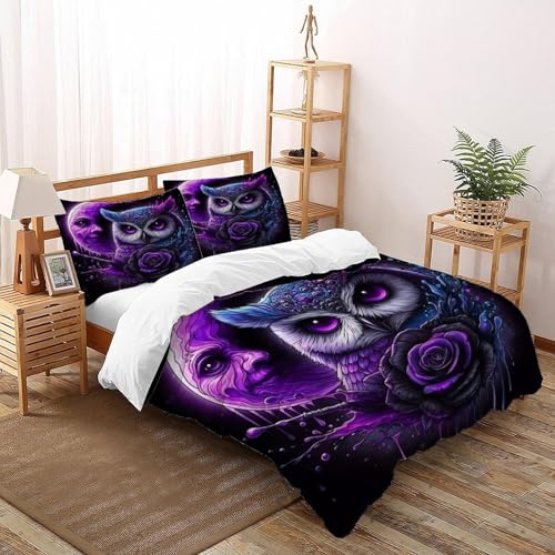 HMELTDIM Lila Eule Bettwäsche Set - Fantastische Tiere 3D Bedruckte Bettbezüge - Weiche Gebürstete Mikrofaser Bettbezug Und 2 Kissenbezug ?200x200cm?