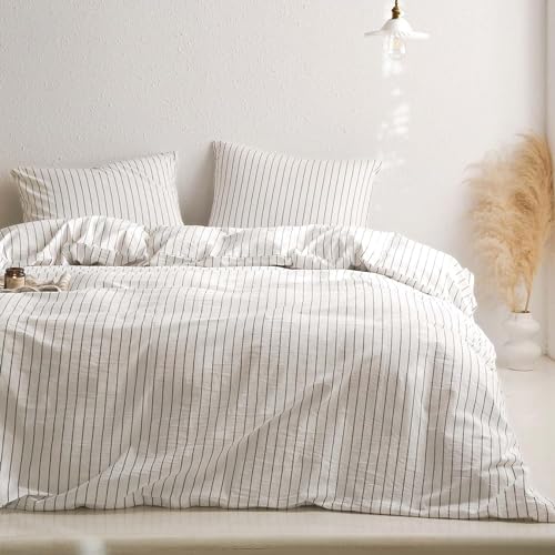 Lanqinglv Bettwäsche 135x200 cm Gestreift Weiß Schwarz Streifen Muster,ÖkoTex Zertifiziert & für Allergiker Geeignet, 1 Bettbezügen & 1 Kissenbezügen 80x80