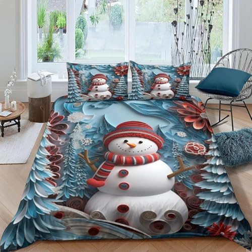 Bettwäsche 135X200 cm,Kinder Bettwäsche Set Mikrofaser 3D Bettwäsche Schneemann Weihnachten,3 Teilig Bettbezüge Bequem Und Atmungsaktiv Bettwäsche-Sets Mit Reißverschluss Und 2 Kisse -2286690140850