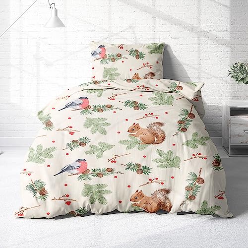 Träumschön Biber Bettwäsche Set 2tlg 135x200 cm + 80x80 cm – Flauschige Kinderbettwäsche Beige – Weiche Winterbettwäsche mit Eichhörnchen - Atmungsaktiv, Warm & Hautfreundlich - 100% Baumwolle