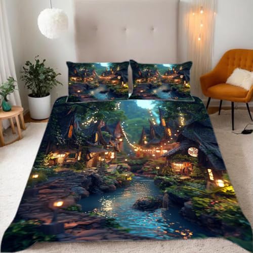 Zbeiba Bettwäsche 155x220 cm,Das kleine Haus im Traum, der fließende Bach Bettwäsche Set Bettbezug,1 Bettbezug und 2 Kissenbezug 80x80 cm,color7,3D Drucken Bettbezug Mit Reißverschluss