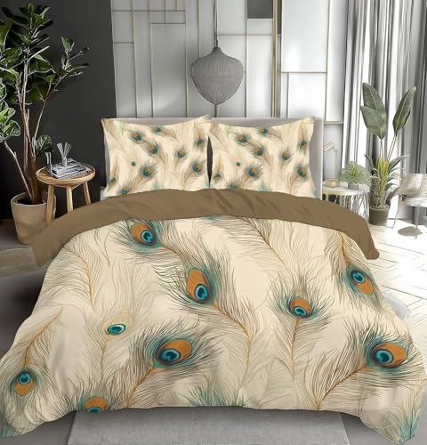 GSAEIMCT Einfache Pfauenfeder Bettwäsche Set 200X220Cm,Beige-Braun Farbillustration Mikrofaser Bettbezug + Kissenbezüge,3D-Druck Bettwäsche-Sets 3Teilig Mit Reißverschluss,Für Mädchen Jungen