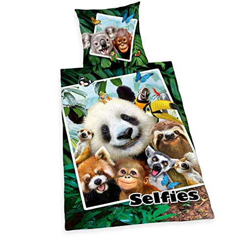 Herding Selfies Jungle Bettwäsche-Set, Wendemotiv, Kopfkissenbezug 80 x 80 cm, Bettbezug 135 x 200 cm, Baumwolle/Renforcé, Mehrfarbig