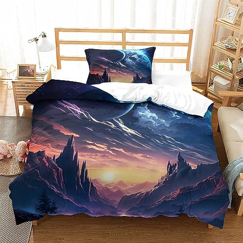 SIBREA Bettwäsche-Set, Galactic Twilight Fantasy-Schlafzimmer-Set, 2-teilig, Mikrofaser, Cartoons-Druck, Mikrofaser für alle Jahreszeiten, Größe: 135 x 200 cm (1 Bettbezug mit 1 Kissenbezügen)