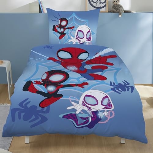 Familando Spidey Wende Bettwäsche Set 135x200 80x80 cm aus 100% Baumwolle · Kinderbettwäsche für Mädchen und Jungen mit Reißverschluss · Helles Motiv Spidey und Seine Super-Freunde