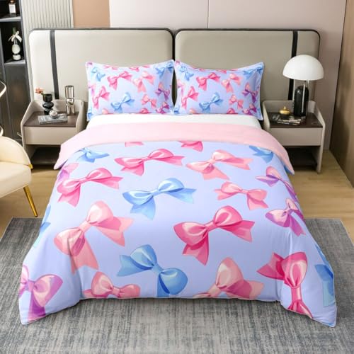 Homewish Bandbogen Baumwollbettwäsche 200x200 Bowknot für Kinder Mädchen Frauen Bettbezug Prinzessin Seide Textur Bowtie Thema Bettwäsche Kawaii Blau Rosa Bogen Träumig Bedding Wohndekor 3 Teilig