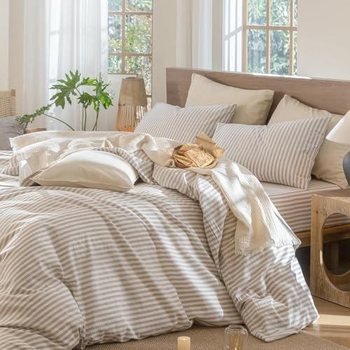 Lanqinglv Bettwäsche 200x220 Baumwolle Gestreift Beige Weiß,100% Renforce Baumwolle Bettwäsche Set mit Reißverschluss,ÖKO-TEX Bettwäsche für Allergiker Geeignet,1 Bettbezug & 2 Kissenbezug 80x80 cm
