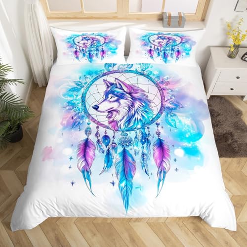 Homewish Wolf Bettwäsche Ombre Blau Lila Traumfänger Bettbezug Set 135x200cm für Jungen Mädchen Jugendliche,Boho Ästhetisch Wildtiere Bettwäscheset Modern Stilvoll Neuartig Tierliebhaber Zimmerdekor