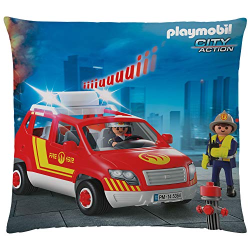 Playmobil Kissen City Action Feuerwehr 40x40 cm samtweiches Kuschelkissen mit Reißverschluss Rettungsfahrzeug Dekokissen Zierkissen Schmusekissen Kopfkissen Polster Autokissen pass. zur Bettwäsche