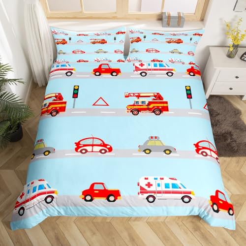 Homemissing Moderne Kinder Autos Drucken Bettwäsche Set 220x240cm Krankenwagen und Feuerwehr Bettbezug Set für Jungen Jugendliche Fahrzeug und Taxi Muster Bettwäsche-Set Blau Rot Weiß