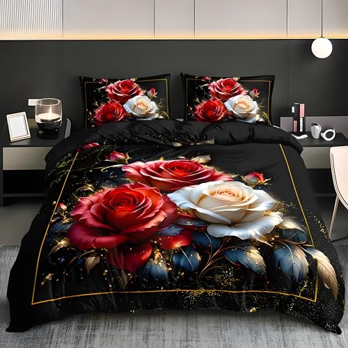 Bettwäsche 220x200 Rosen Bettwäsche-Sets Blumenmuster Bettbezug Weiche Atmungsaktiv Mikrofaser mit Reißverschluss und 2 Kissenbezüge 80x80 für Erwachsene Geeignet