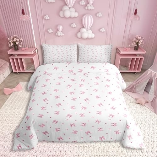Homewish Weiß Mit Rosa Schleifen Bettwäsche 135x200 Kinder Mädchen Rosa Schleifenmuster Bettset für Jugendliche,Bowknot Herz Muster Aesthetic Bettwäsche-Set Prinzessin Teenager Deckenbezug 2 Teilig