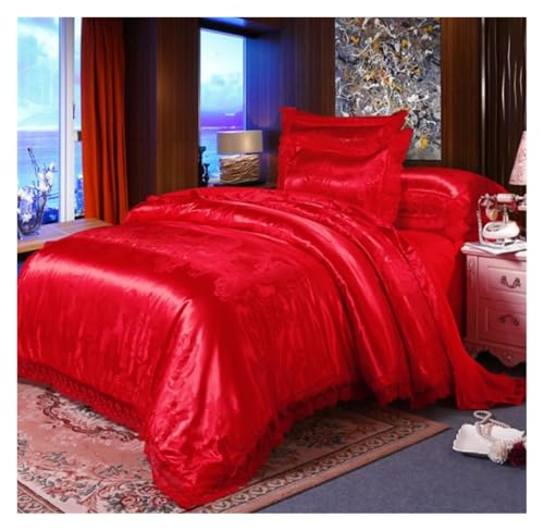 Bettwäscheset aus Seide, luxuriöses Bettbezug-Set, Satin-Spitze, Gold-Violettes Blumenmuster, Bettbezug-Set, 4-teilig, Bettwäsche (Violett, 1,5–1,8 m) (Rosso 1,51,8 m)
