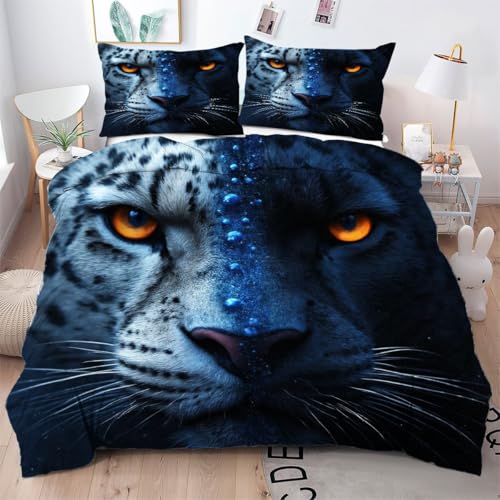 ZZXHG Bettwäsche 200x200 Blauer Leopard, Weiche Microfaser Bettbezug 200x200 Set mit Reißverschluss, 3 Teilig Wendemotiv Bettwäsche-Sets mit 1 Bettbezüge + 2 Kissenbezug 80x80 cm