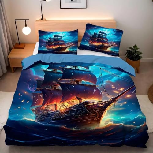 SJSXWQN Bettwäsche 200x200 Pirat Schiff Bettwäsche-Set mit Reißverschluss Schließung für Erwachsene Kinder Weicher Atmungsaktive Mikrofaser Bettbezug + 2 Kopfkissenbezug 80x80 cm