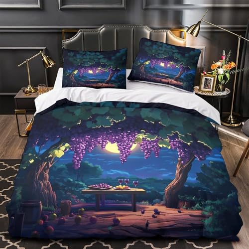 GKWEQPQWK Nächtliche Weinbergszene 3D-Bedruckt 3er-Set Steppbezug Bettdeckenbezug Mikrofaser Reißverschluss Hypoallergen für Jungen Mädchen Erwachsene Single (135x200cm)