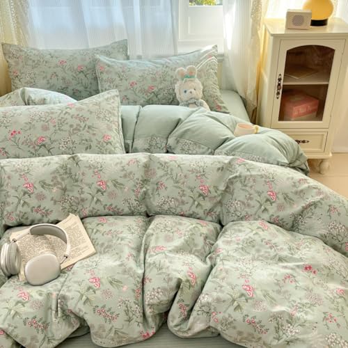 Freyamy Blumen Bettwäsche 135x200cm 2teilig Grün Rosa Floral Blätter Pflanzen Mädchen Bettwaren-Sets Microfaser Blumenmuster Wende Kinder Bettbezug mit Reißverschluss und Kissenbezug 80x80cm