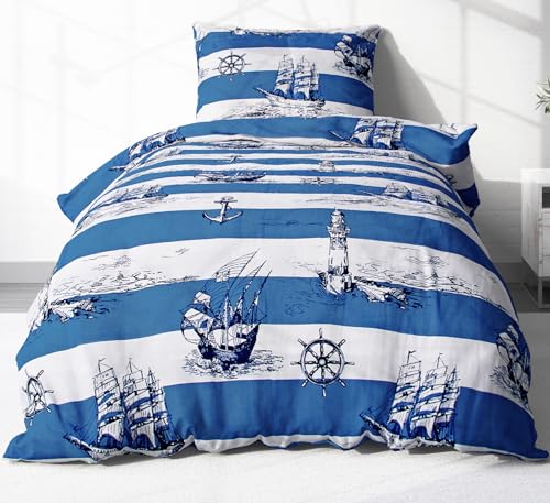 Heubergshop 2-teilige Renforcé Bettwäsche 135x200cm und 80x80cm - Leuchtturm, Maritime, Anker, Schiff, Striefen - 100% Baumwolle, Bettgarnitur (736-2-Renforce)