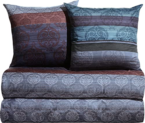 Erwin Müller Bettwäsche, Bettgarnitur 4-TLG. Sparpaket Mako-Satin Ornamente blau-braun-violett Größe 80x80 cm / 135x200 cm - feinste Baumwolle, angenehmes Schlafklima, mit Reißverschluss