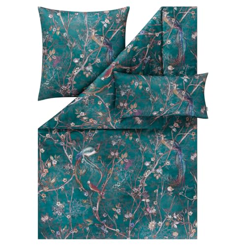 ESTELLA Mako-Satin Bettwäsche 135x200 Marcella blautanne Vögel Äste Blüten 7955-581