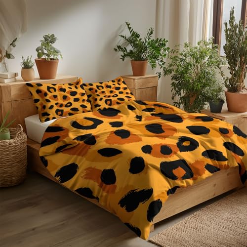 Bettwäsche 135 x 200 cm – 2-teiliges Set Abstrakter Orange-Schwarzer Leopard Wende-Bettbezug, atmungsaktiv, hautfreundlich und maschinenwaschbar Bernstein Bettbezug für Erwachsene und Jugendliche