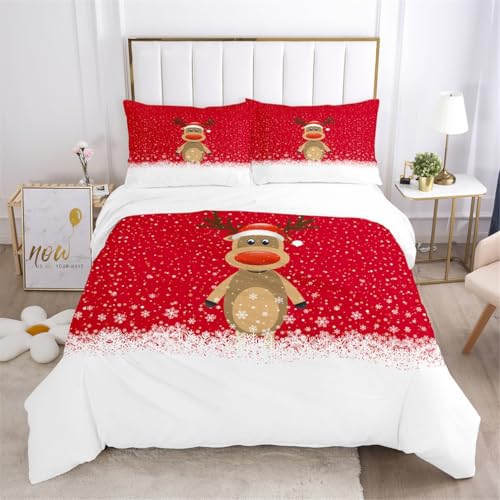 Weihnachts Einzel Bettbezug-Set 135x200 Mit 1 Kissenbezüge 80x80 cm, Bettwäsche für Kinder Jungen und Mädchen Teenager Blauer Himmel Rentierschlitten Elch Weihnachtsbaum Schneemann Weihnachtsmann