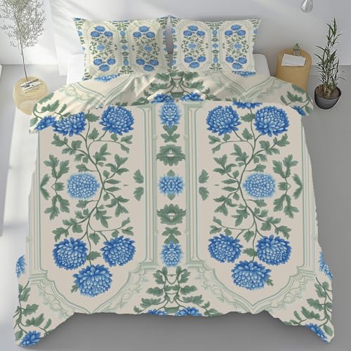 Tyafsgvqo Vintage Floral Wendebettwäsche 135x200 cm, Landhaus Blumenmotiv Bügelfrei Bettwäsche 3 Teilig, Botanisch Floral Blätter Bettbezüge Kühlend, Duvet Cover mit 2 Kissenbezug 80x80 cm