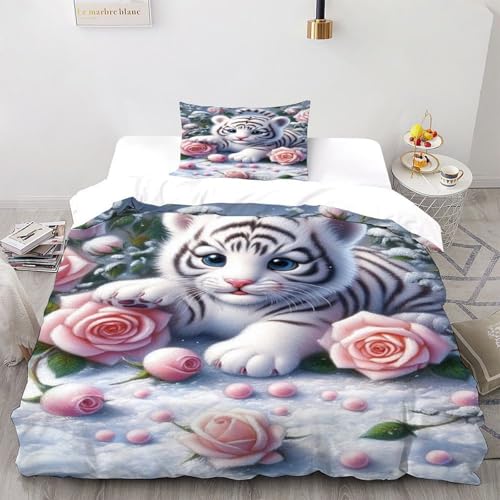XIKMLSID Rose weißer Tiger Bettwäsche 2-Stück Set,Mikrofaser,3D Wildtiere Weich Und Komfortabel 100% Baumwolle Für Erwachsene Und Kinder Geeignet Single?135x200cm?