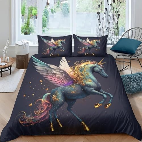 Bettbezug 200X200 cm Tier Einhorn Pferd Bettwäsche Set, 3D Drucken Bettwäsche-Set Deluxe Mikrofaser Weiche Mit Reißverschluss Bettbezug Und 2 Kissenbezüge - Bequem Und Atmungsaktiv -71201872512521