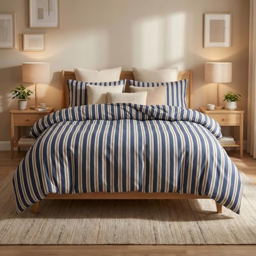 Covebett Bettwäsche 200x220 Blau Weiß Gestreift Muster Modern Bettbezug Set Landhausstil Marineblau Weiss Streifen Geometrisch Renforce Microfaser Deckenbezug und 2 Kissenbezug 80x80 Reißverschluss