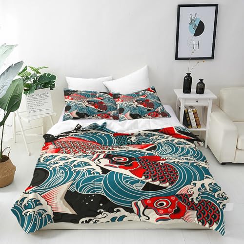 ANHOPE Bunt Japanisch Fische Welle Bettwäsche Set 2 Teilig Bettbezug 135x200 cm + Kissenbezug 80x80 cm Weich Microfaser Bettbezüge mit Reißverschluss Ganzjahres Bettdeckenbezug Set