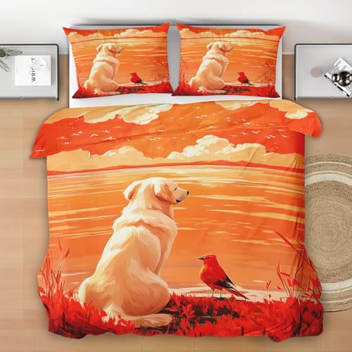 Golden Retriever Bettwäsche 155x220 3 Teilig - Süße Hund Rot Vogel Bettwäsche-Sets, 1 Bettbezüge 155x220cm + 2 Kissenbezüge mit Reißverschluss, Sonnenuntergang Bettzeug Weich und Bügelfrei H18c