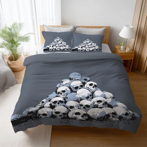 Generisch Thriller Bettwäsche 135 x 200 cm - Schädel Comic-Stil - Weiche Winterbettwäsche - Atmungsaktiv, Warm & Hautfreundlich - Silbergrau Bettbezug mit Reißverschluss & 1 Kissenbezug 80 x 80 cm