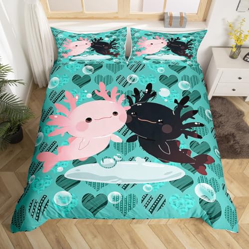 Homemissing Niedlicher Axolotl Bettbezug 140 x 200 cm für Kinder, Ooeur, Dekoration, Axolotl, Bettwäsche, Grün, Mädchen, Jungen, Jugendliche, Schlafzimmer, 2 Stück, Mikrofaser, Bettwäsche-Set,