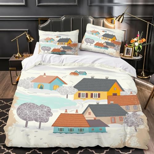 Landhäuser Bettwäsche 140x200 Winterthema Bettwäsche-Sets 3D Gedruckter Bettbezug Weiche Kuschelig Mikrofaser Bettbezüge mit Reißverschluss und 2 Kissenbezüge 80x80 D-3111