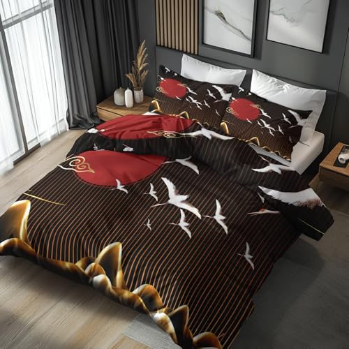 Generisch Bettwäsche 155x220 Orientalisch Japanisch - Schlafzimmer Deko Bettbezug 155 x 220 2tlg Rote Sonne Berg Vogel Muster, 1 Kissenbezug 80x80, mit Reißverschluss, Weich Mikrofaser IE#106