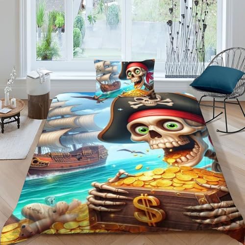 HOGDISAJD Pirate Skelett Bettwäsche Weiche Feder Autotoon Character 3D Gedruckt Bettdeckenbezug Mit 1 Kopfkissenbezüge Luxus Bettbezug Set 2 Stück Zimmer Dekorative Single?135x200cm?
