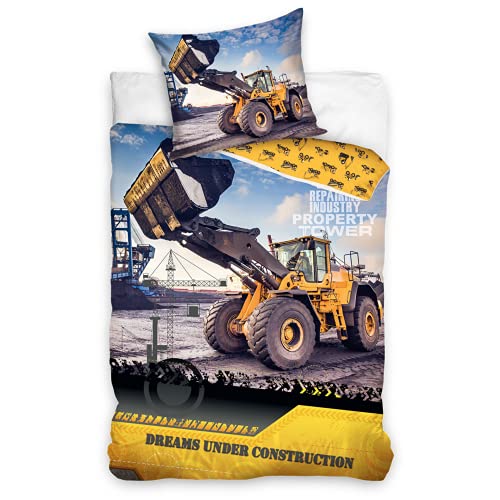 Bagger Bettwäsche Bettbezug 135x200 80x80 Baumwolle · Kinder-Bettwäsche Baustelle für Mädchen und Jungen · 2 teilig · 1 Kissenbezug 80x80 + 1 Bettbezug 135x200 cm Jungenbettwäsche