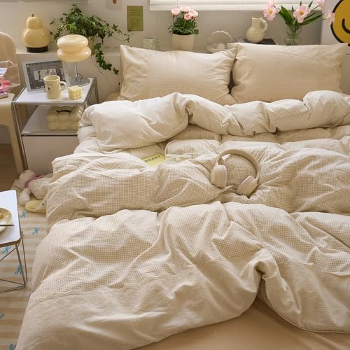 LifeTB Hellbraunes Gingham-Bettwäsche-Set, Queen-Size-Prinzessin, Spitzen-Stil, Beige, Taupe, kariert, Schmusetuch mit 2 Kissenbezügen