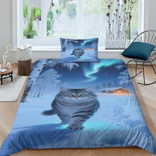CHUIYUFULAN Norwegian Forest Katze Bettbezug Set Bettwäsche-Sets Kinderbettwäsche Reißverschluss Mit Kissenbezügen, Betten Set Für Jugendliche Kinder Schlafzimmer Single?135x200cm?