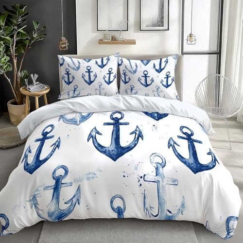 135 x 200 cm Bettwäsche Set Weiß, Einfacher Marineblauer Anker Bedruckte Microfaser Wendebettbezug Weiche Mädchen Winter Bettwäsche mit Reißverschluss für Schlafzimmerdekoration