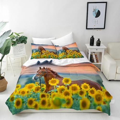Sonnenblume und Pferd Bettwäsche 200x200 Landhausstil Bettwäsche-Sets Bettbezug Set 3D Druck Bettbezüge Weiche Mikrofaser mit Reißveschluss und 2 Kissenbezüge L.823