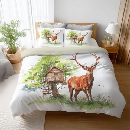 Bettwäsche 135 x 200 cm aus – Bettbezug mit Reißverschluss Mädchen Aesthetic Design Rustikal Tier Elch Weich und Komfortabel für das ganze Jahr Kissenbezug 80 x 80 cm Weiß Leicht und Pflegeleicht