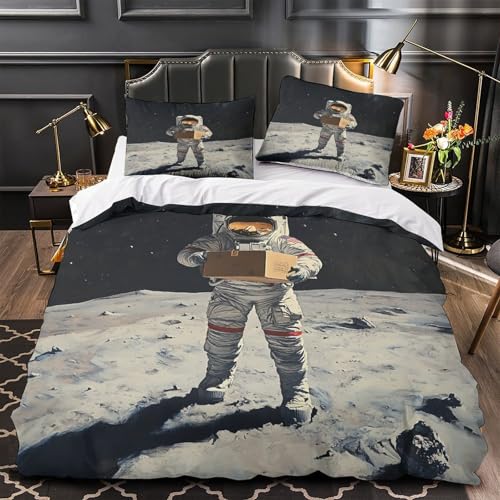 WLASDBOCP Astronaut hält Kiste 3D Bedruckt Bettdeckenbezug 3teilig Mikrofaser leichtgewichtig Weltraumforscher Bettbezug 2 Kissenbezüge farbbeständig Kinderzimmer Deko Double?200x200cm?